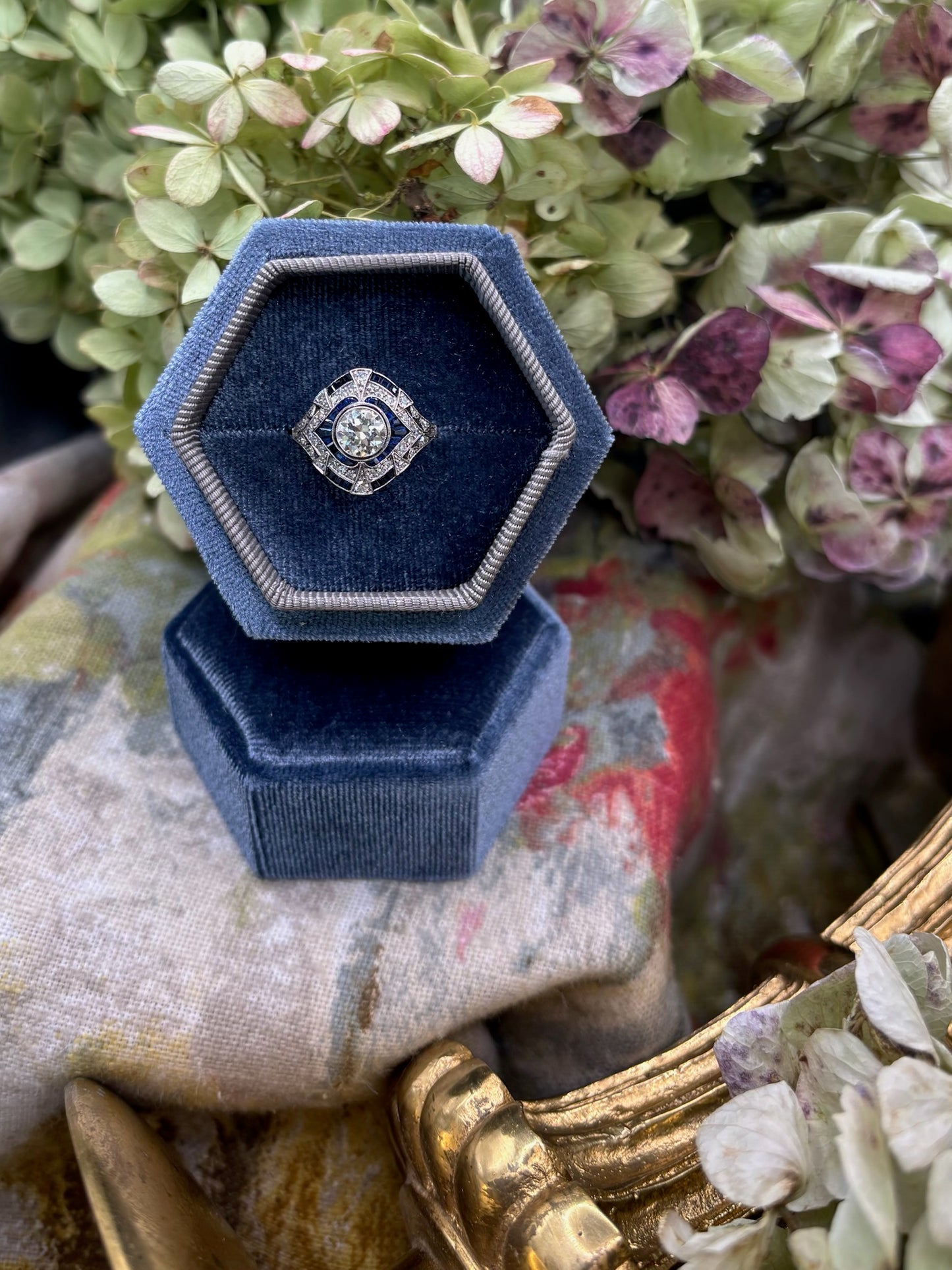 Old European Diamond and Sapphire Ring