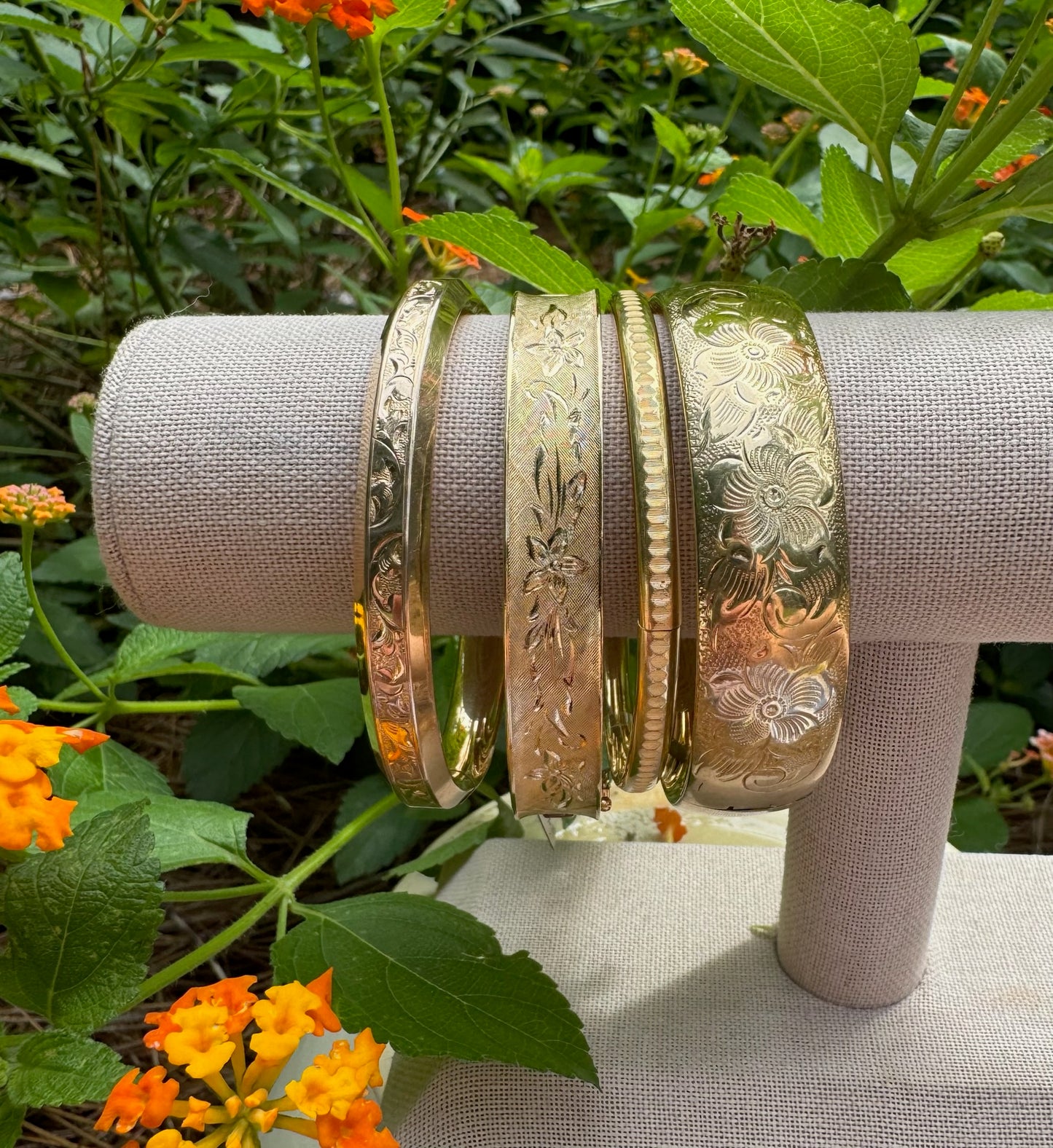 Vintage Floral Gold Filled Bangle Bracelet
