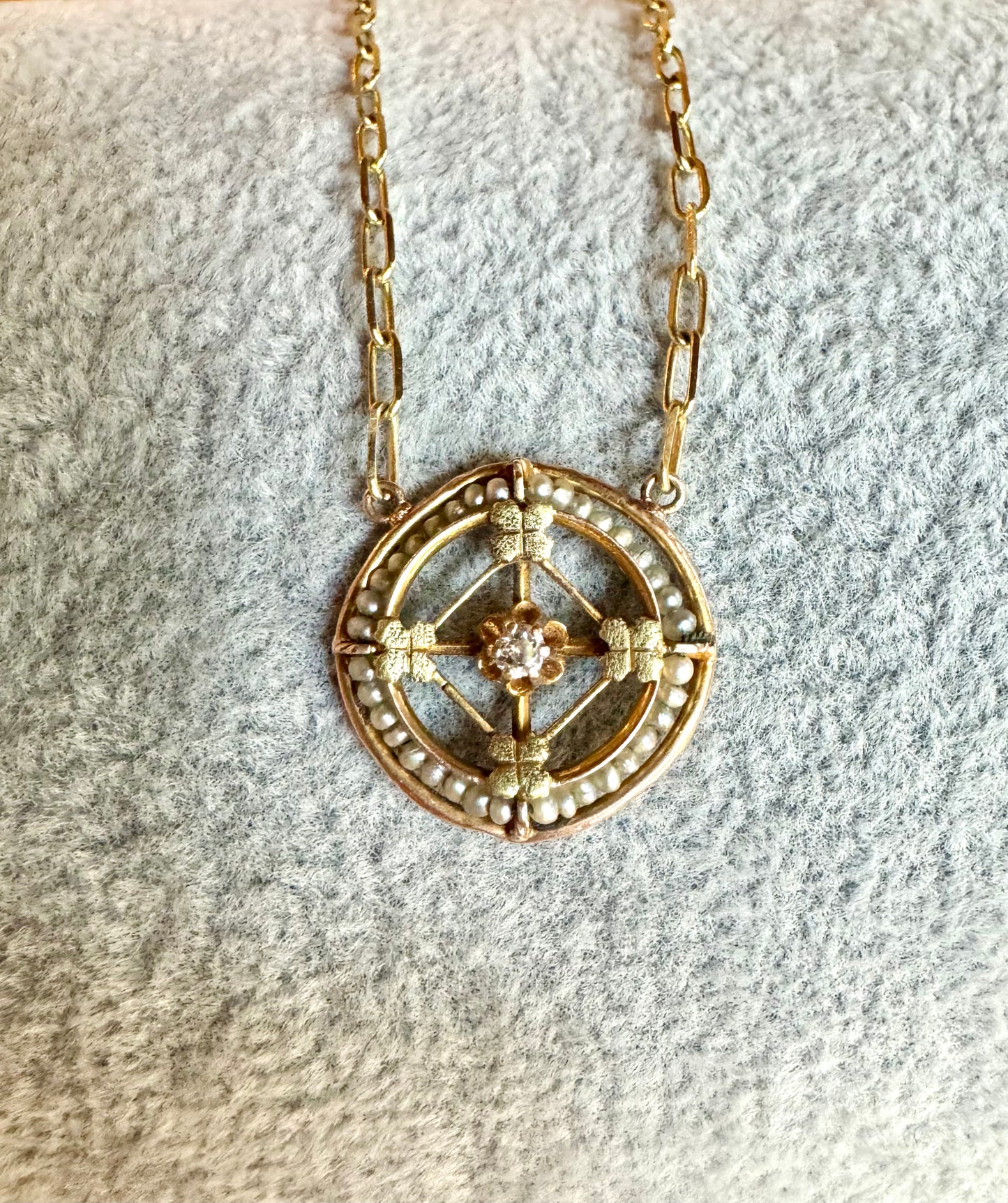 Edwardian Diamond and Seed Pearl Pendant Necklace