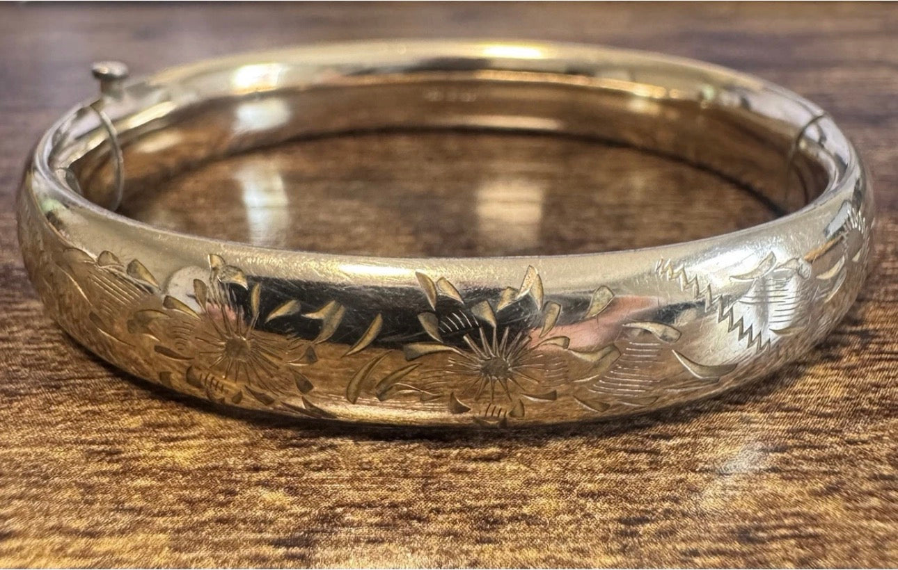 Burt Casell 12k Gold Filled Floral Bangle Bracelet-Hinged