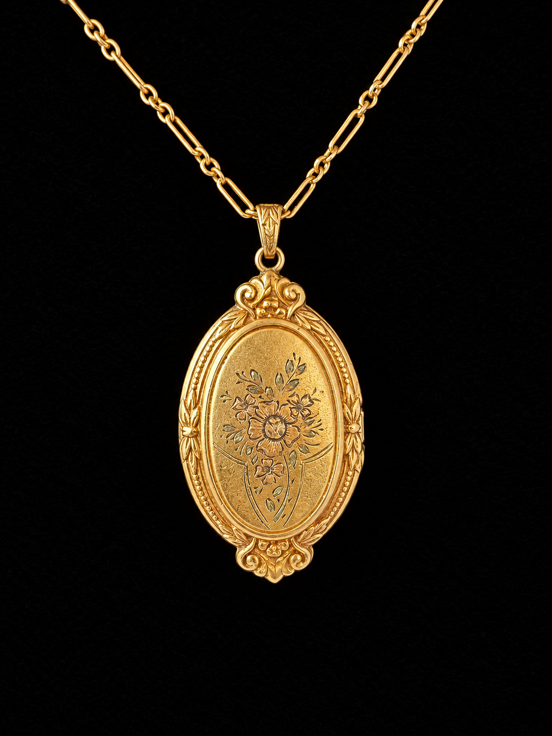 Floral Engraved Locket and Chain