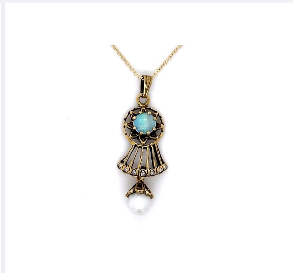 Opal Diamond and pearl pendant necklace