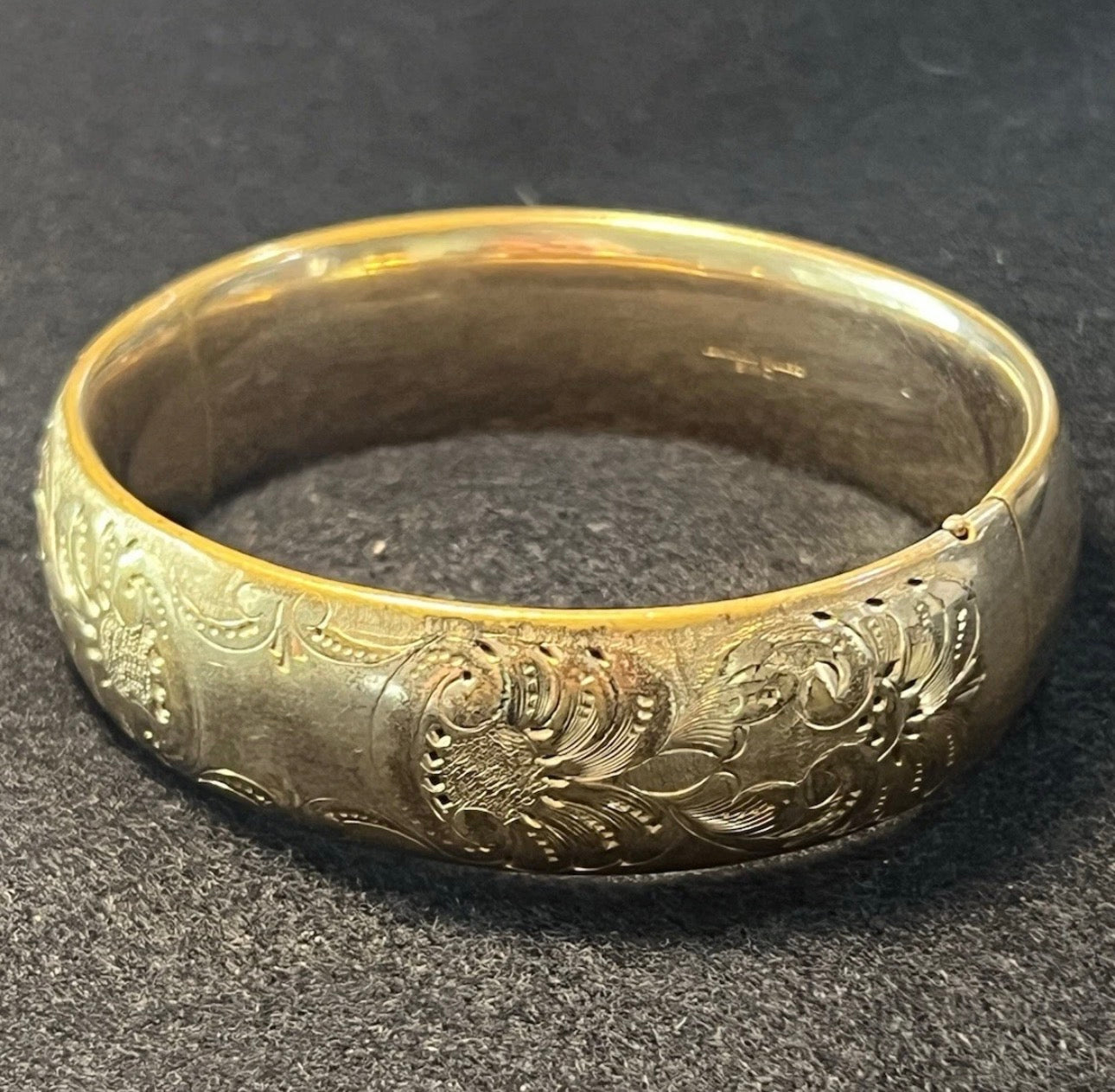 Vintage Victorian Style Gold Filled Floral Etched Bangle Bracelet 12k Signed EMC