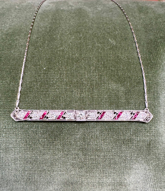 Diamond and Ruby Brooch Pendant Necklace