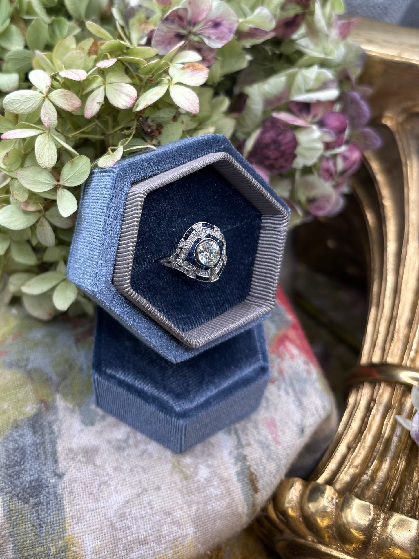Old European Diamond and Sapphire Ring