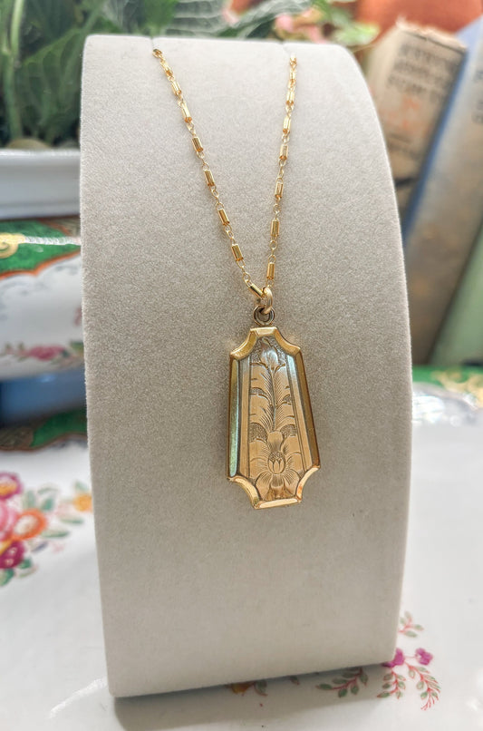 Nouveau Gold Filled Etched Locket Pendant Necklace