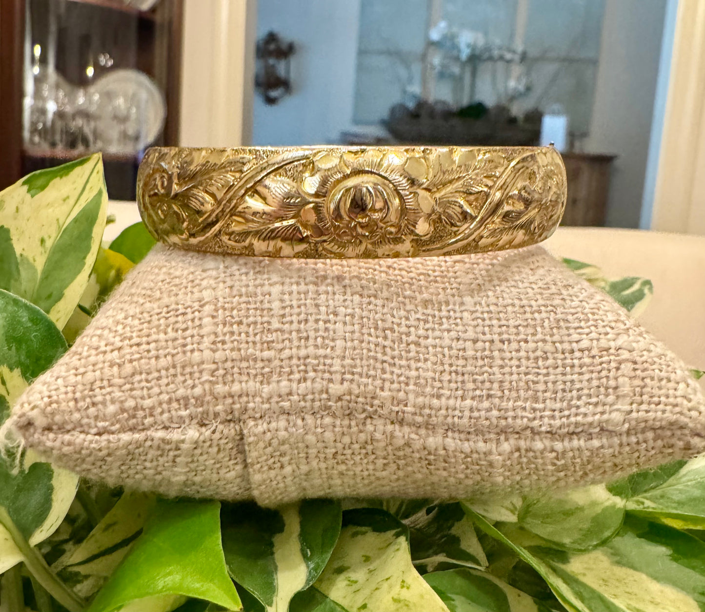 Antique Victorian Floral Repousse Gold Filled Bangle