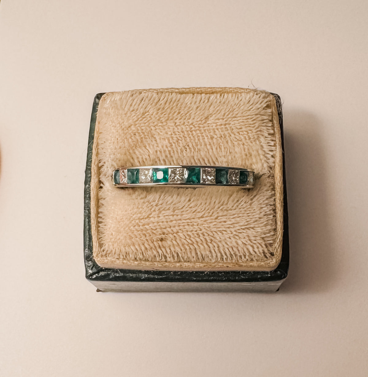 14K White Gold Diamond & Emerald Halfway Channel-Set Ring