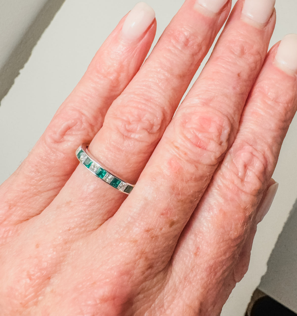 14K White Gold Diamond & Emerald Halfway Channel-Set Ring